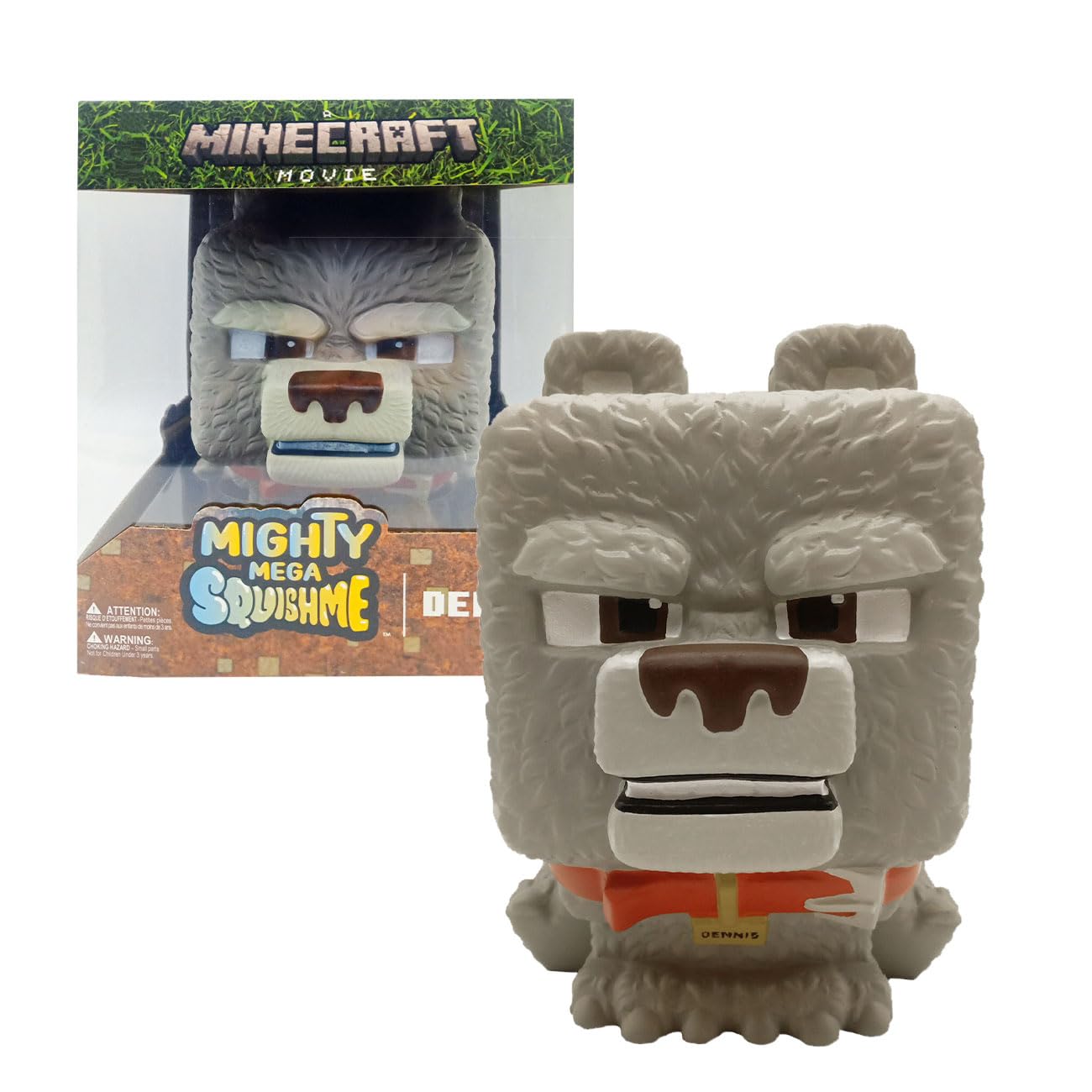 Just Toys Minecraft Dennis the Wolf front view shows a cuddly oversized squishy for play and display.