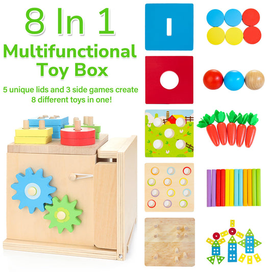 JUSTWOOD learning activity cube contents highlighting color sticks and clock features