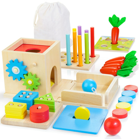 JUSTWOOD 8-in-1 Montessori activity cube showcases hands-on play for coordination and learning