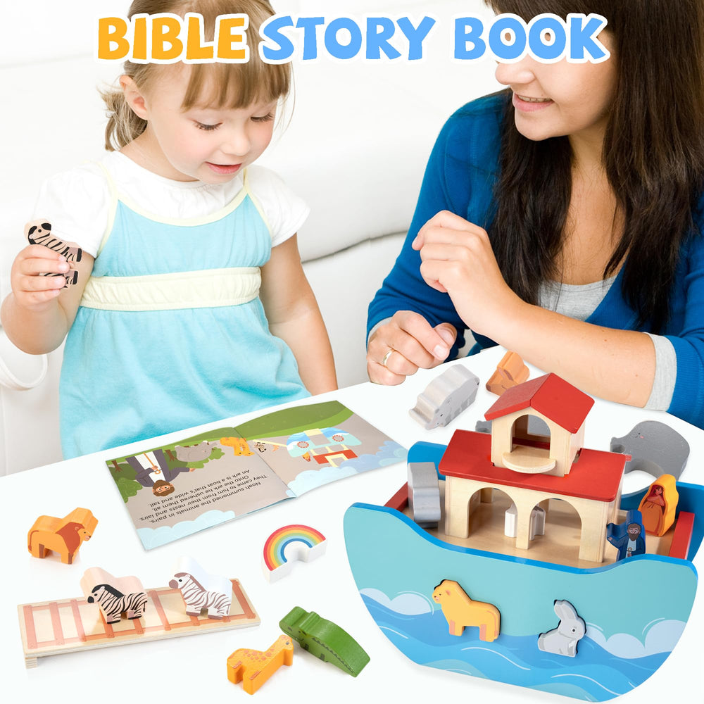 JUSTWOOD Noahs Ark storybook guides Bible story retellings during play.