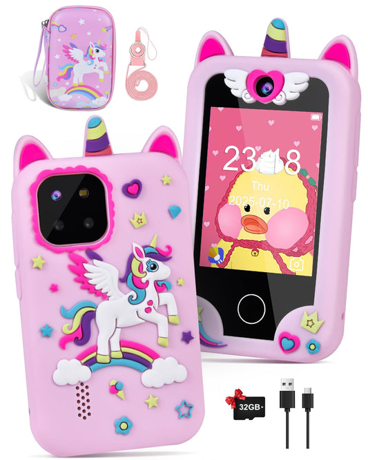 Jusvenmt Kids Phone front view with unicorn theme for safe imaginative play.