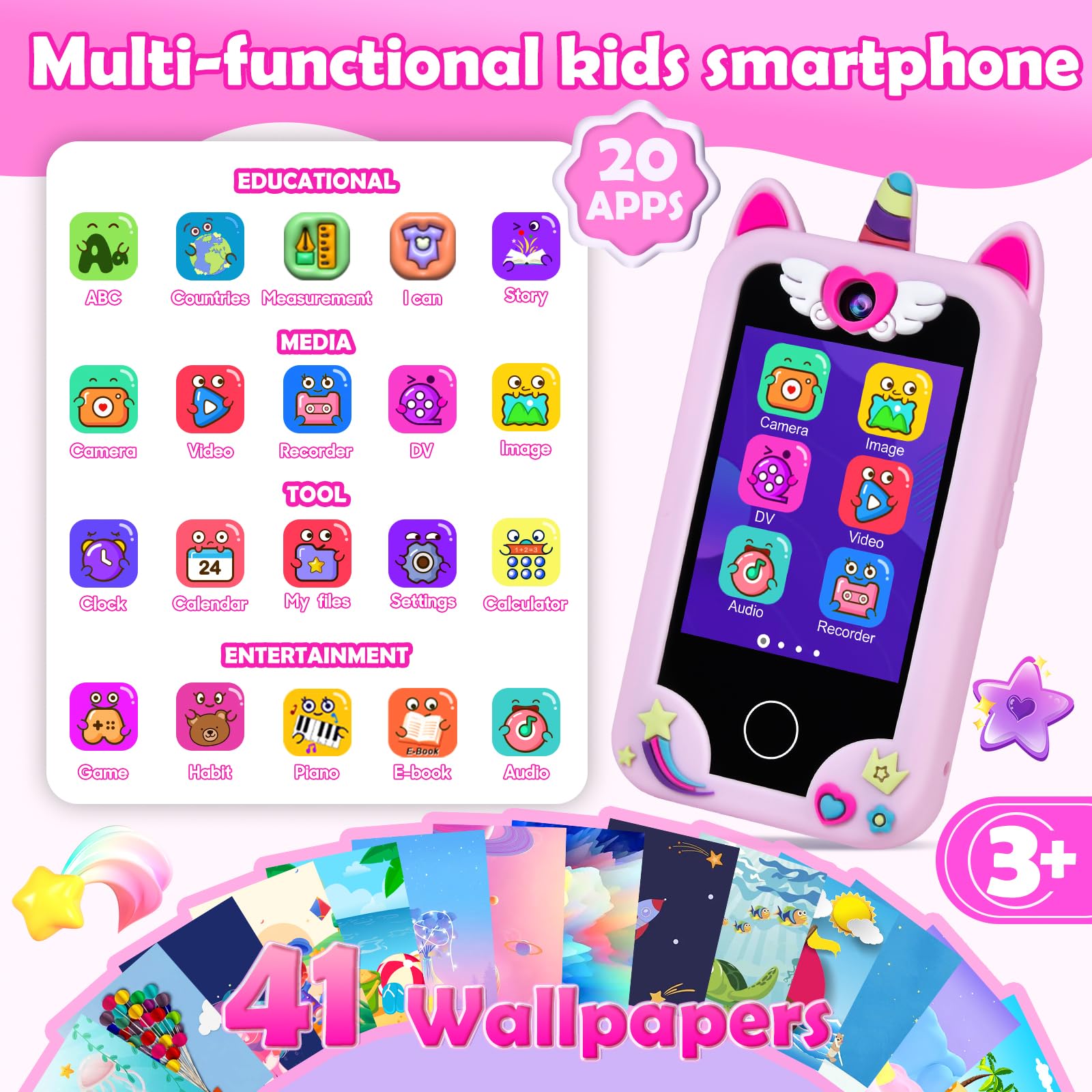 Jusvenmt Kids Phone side view showing portable, kid-friendly size for on-the-go fun.