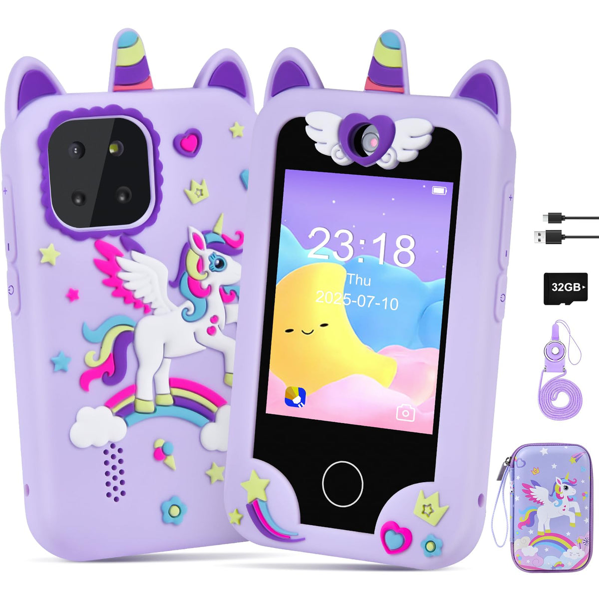 Jusvenmt Kids smart phone purple front view, kid-friendly design for learning and play