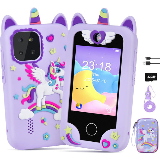 Jusvenmt Kids smart phone purple front view, kid-friendly design for learning and play
