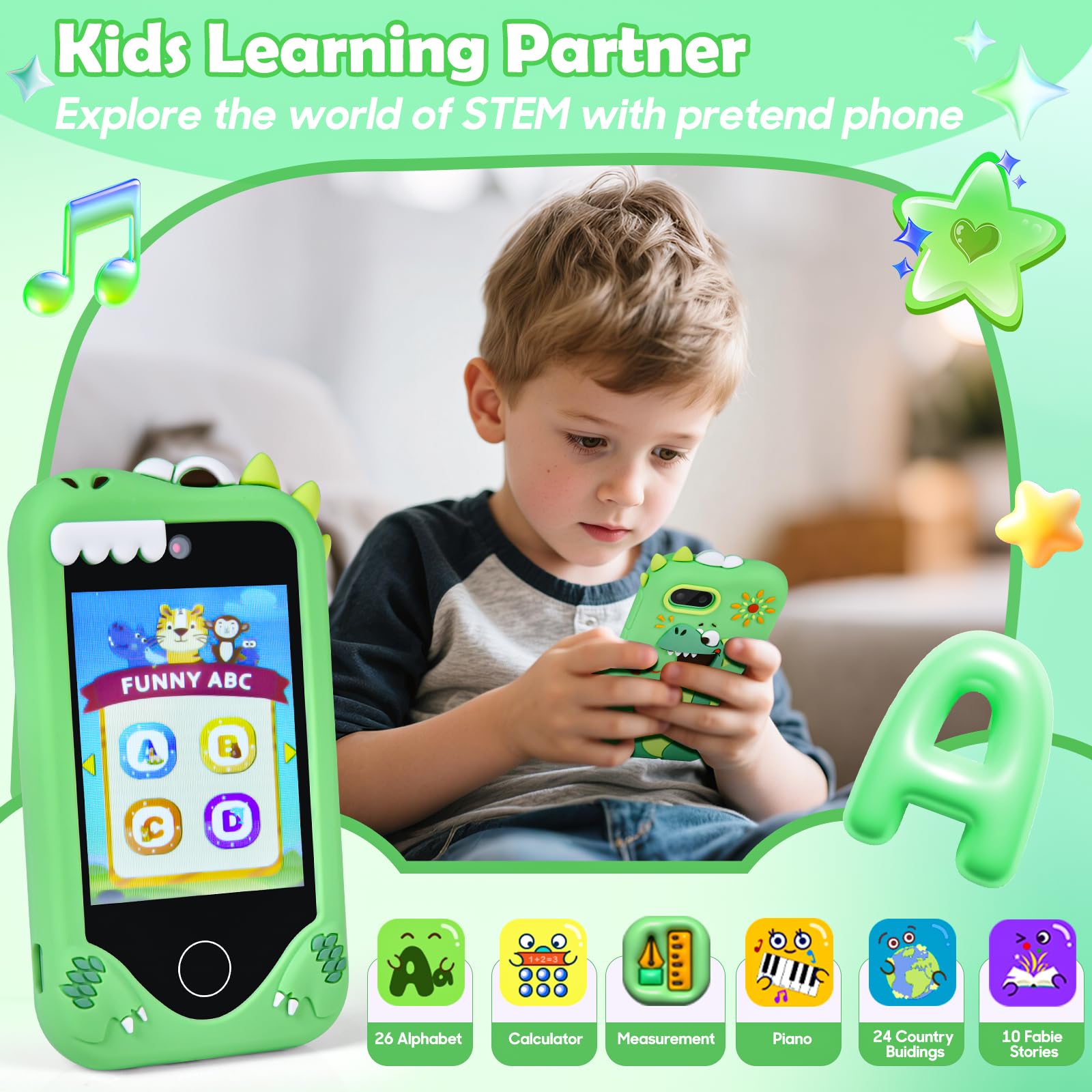 Jusvenmt Kids Smart Phone screen-play showcasing interactive content for early learners