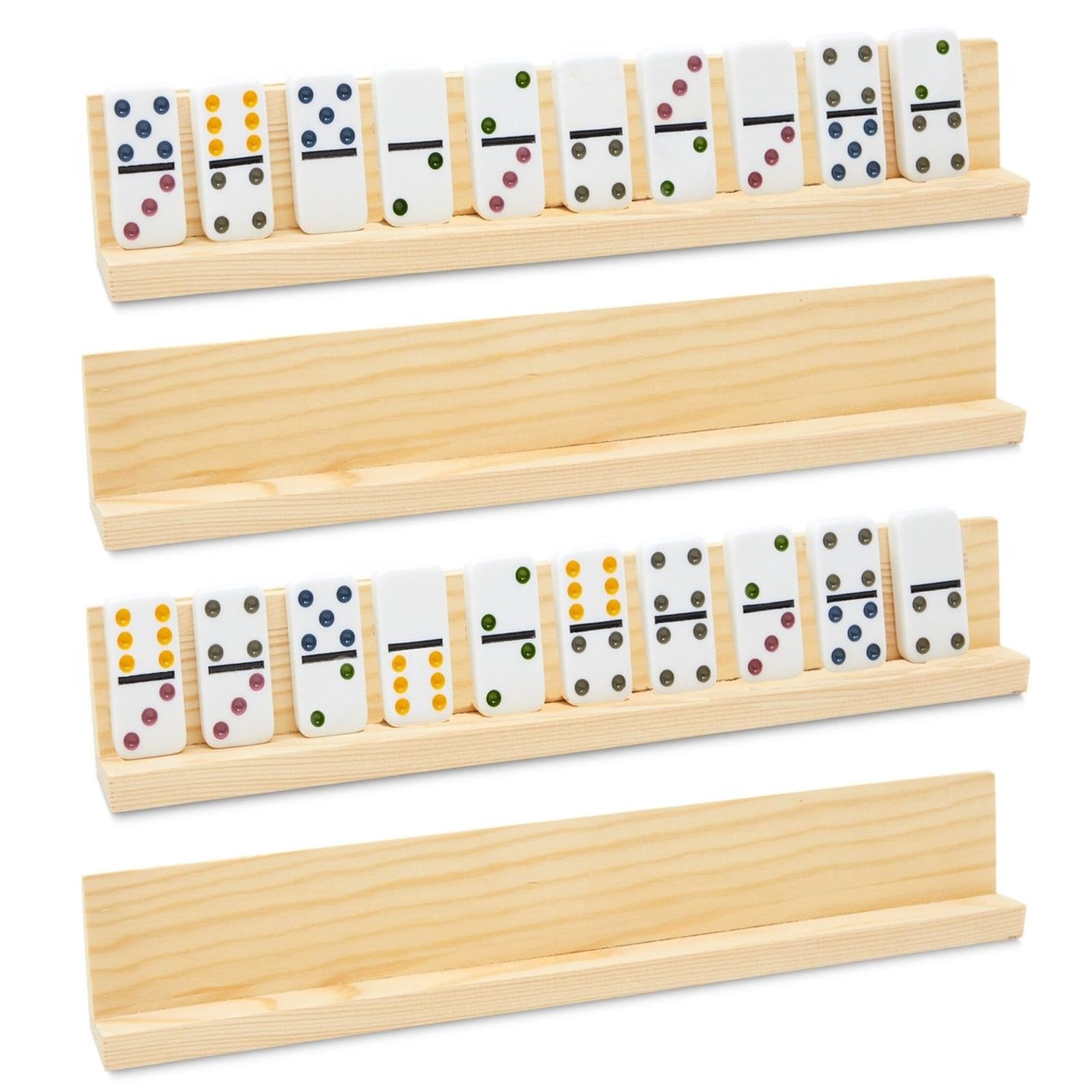 Juvale Dominoes Holders four-tray set with natural wood for organized gameplay.