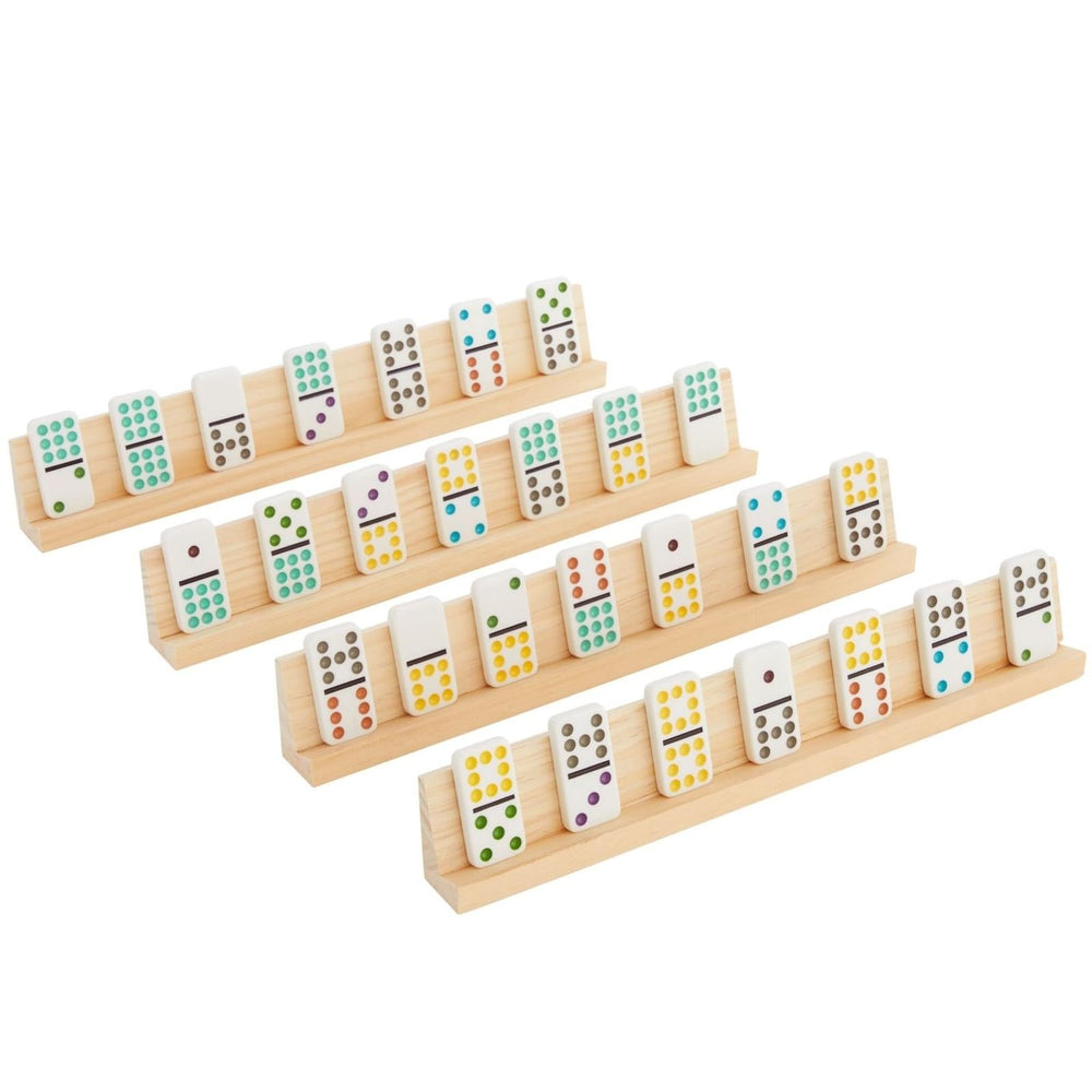 Organized domino pieces displayed with Juvale trays on a coffee table.