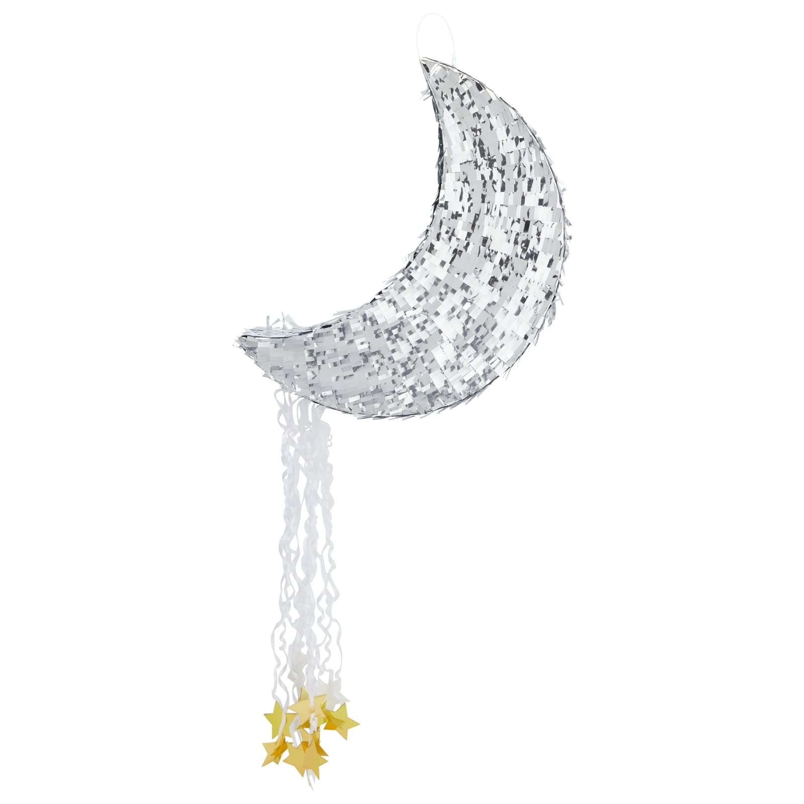 Juvale pull-string moon pinata in silver foil for dazzling birthday decor.