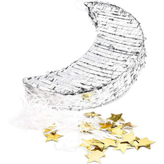 Juvale silver foil moon pinata with gold star strings for festive photos.