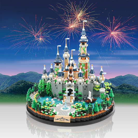 JXRLMB Magic Princess Blue Castle micro bricks assembly close-up for intricate display and creative play