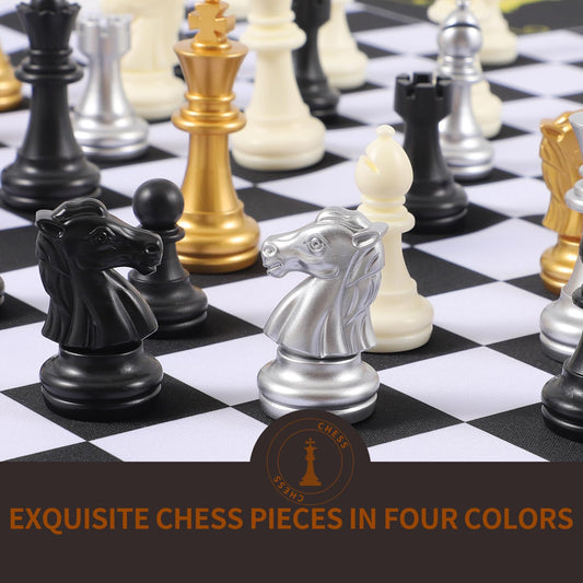 Jyquorp four-player chess board with four-piece setup for group competition.