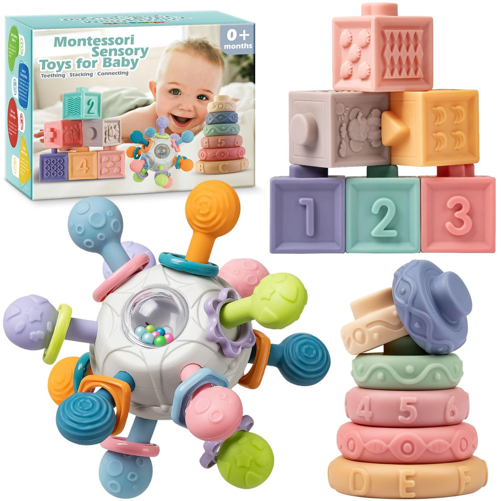 Jyusmile baby sensory teether rattle with colorful textures for teething exploration