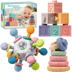 Jyusmile baby sensory teether rattle with colorful textures for teething exploration