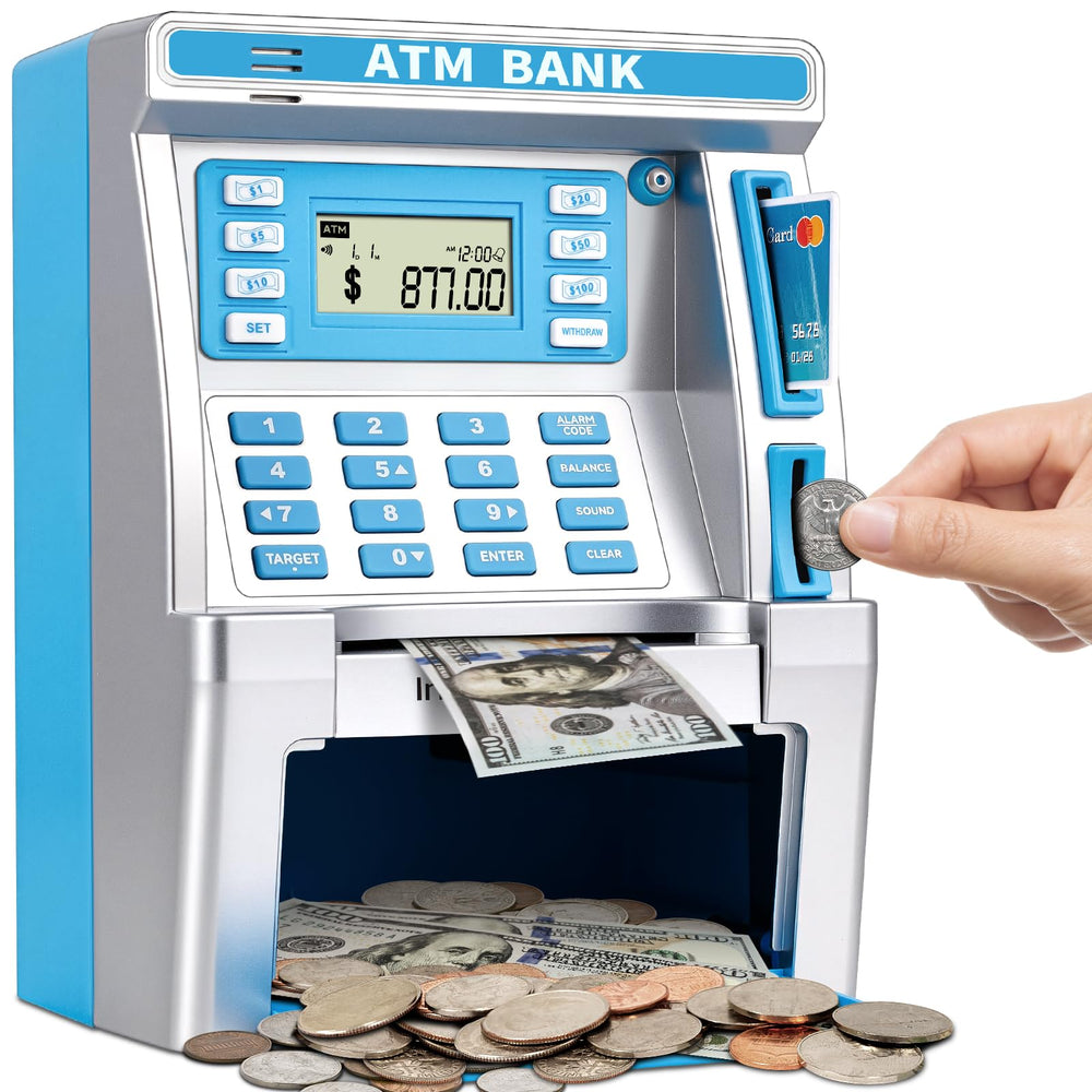 Jyusmile blue piggy bank ATM front view, real money storage for kids