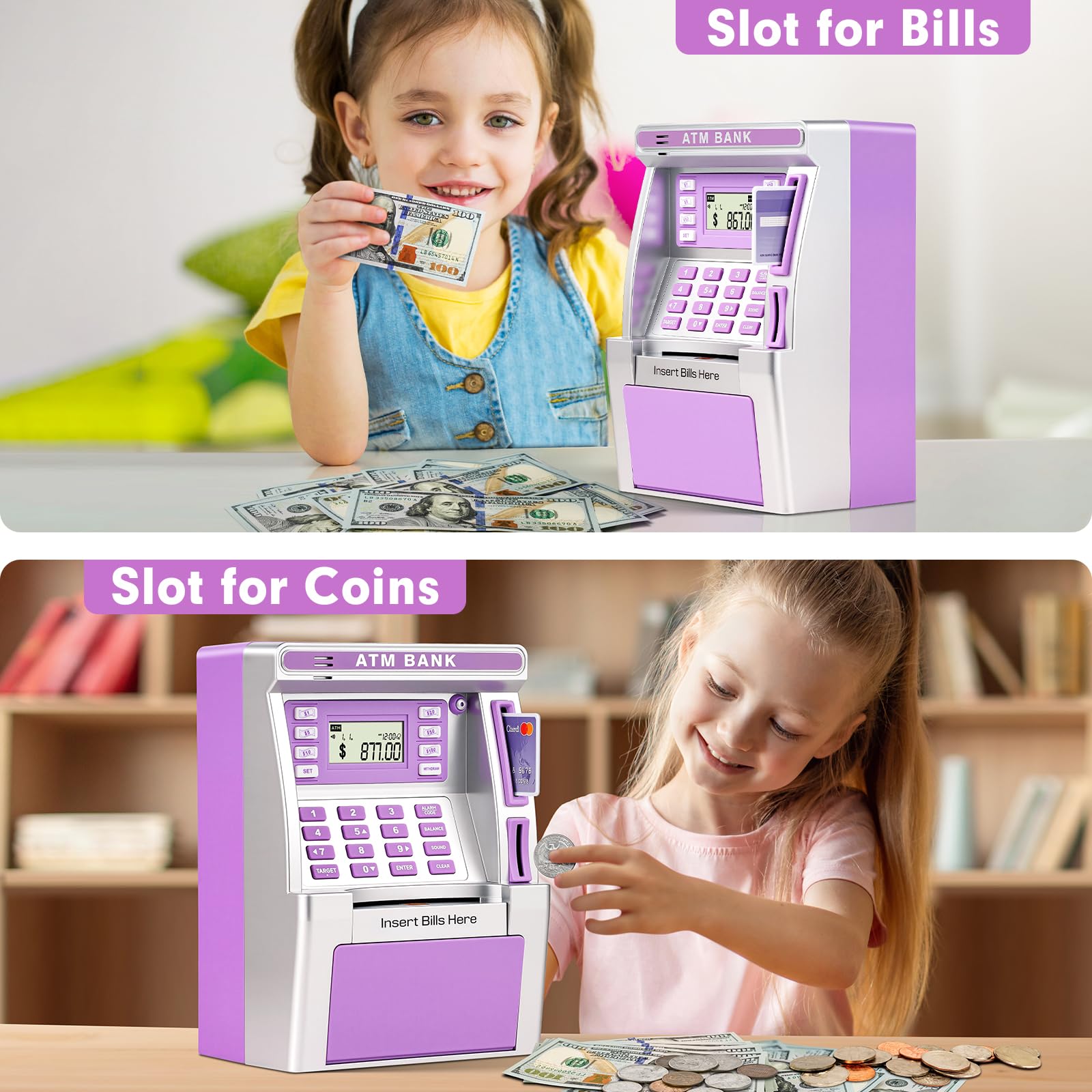 Jyusmile purple piggy ATM bill feeder deposits cash and updates balance