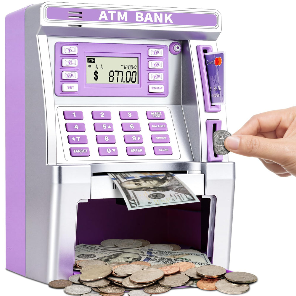 Jyusmile purple piggy ATM deposit slot shows real money saving at home