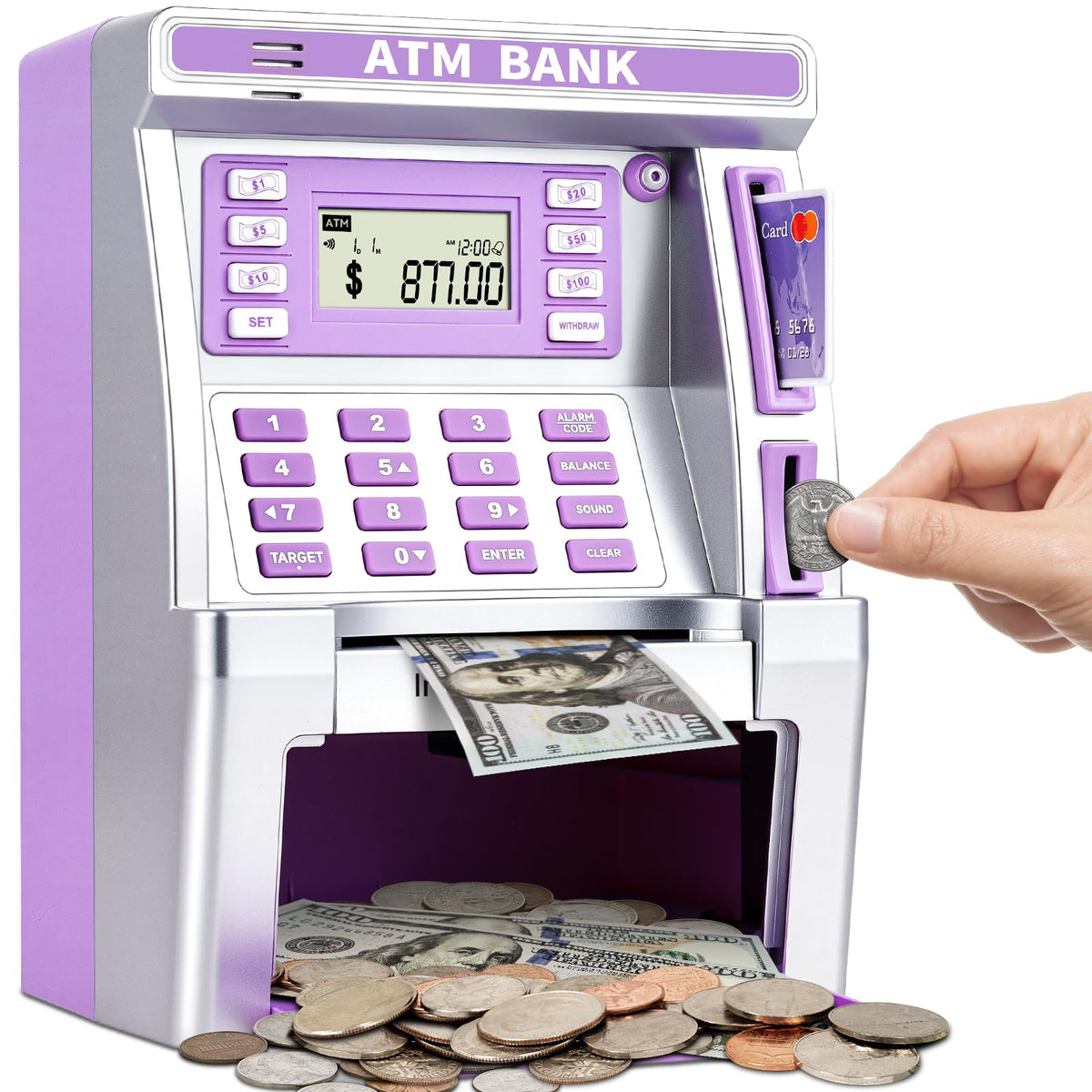 Jyusmile purple piggy ATM deposit slot shows real money saving at home