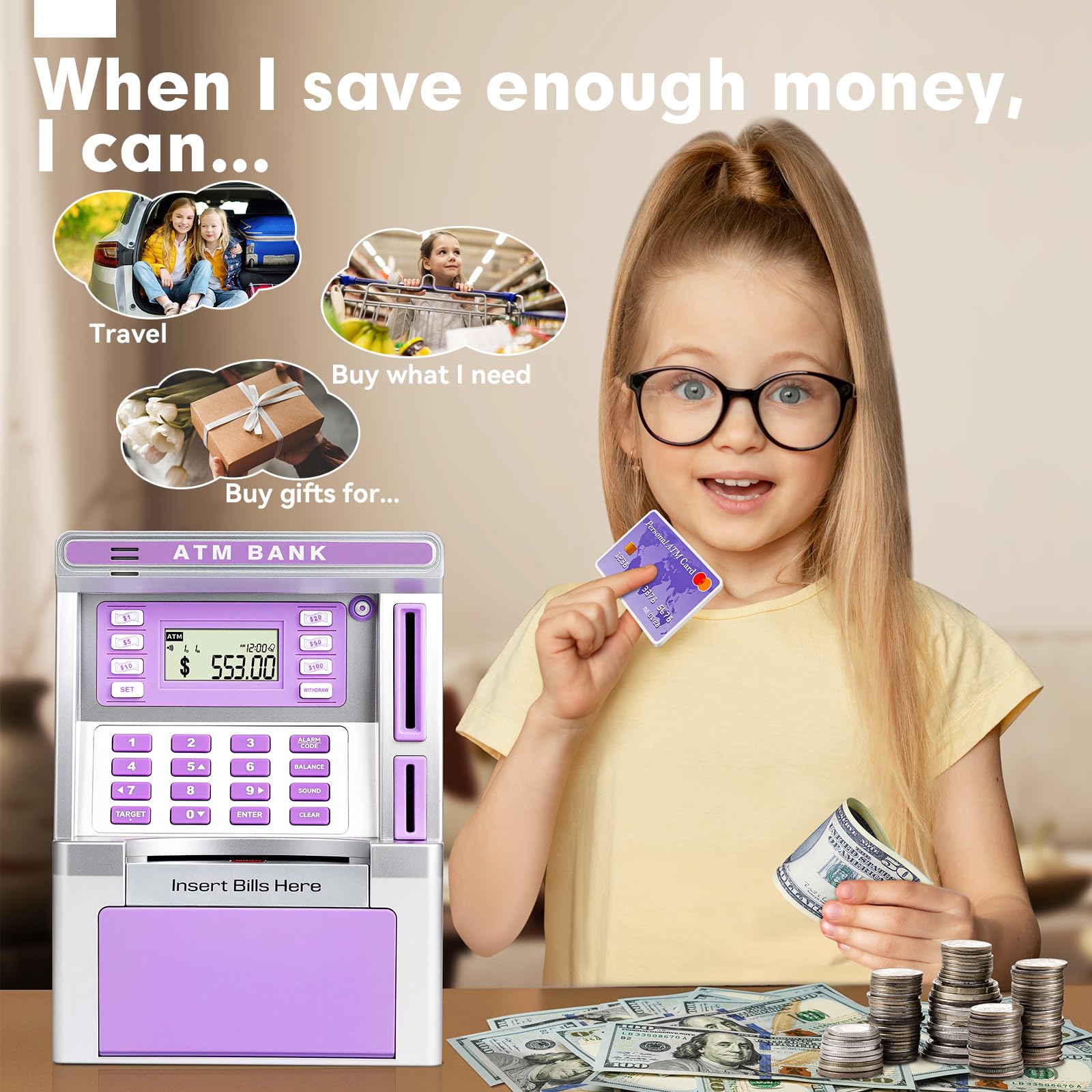 Jyusmile purple piggy electronic safe box stores real cash and coins securely