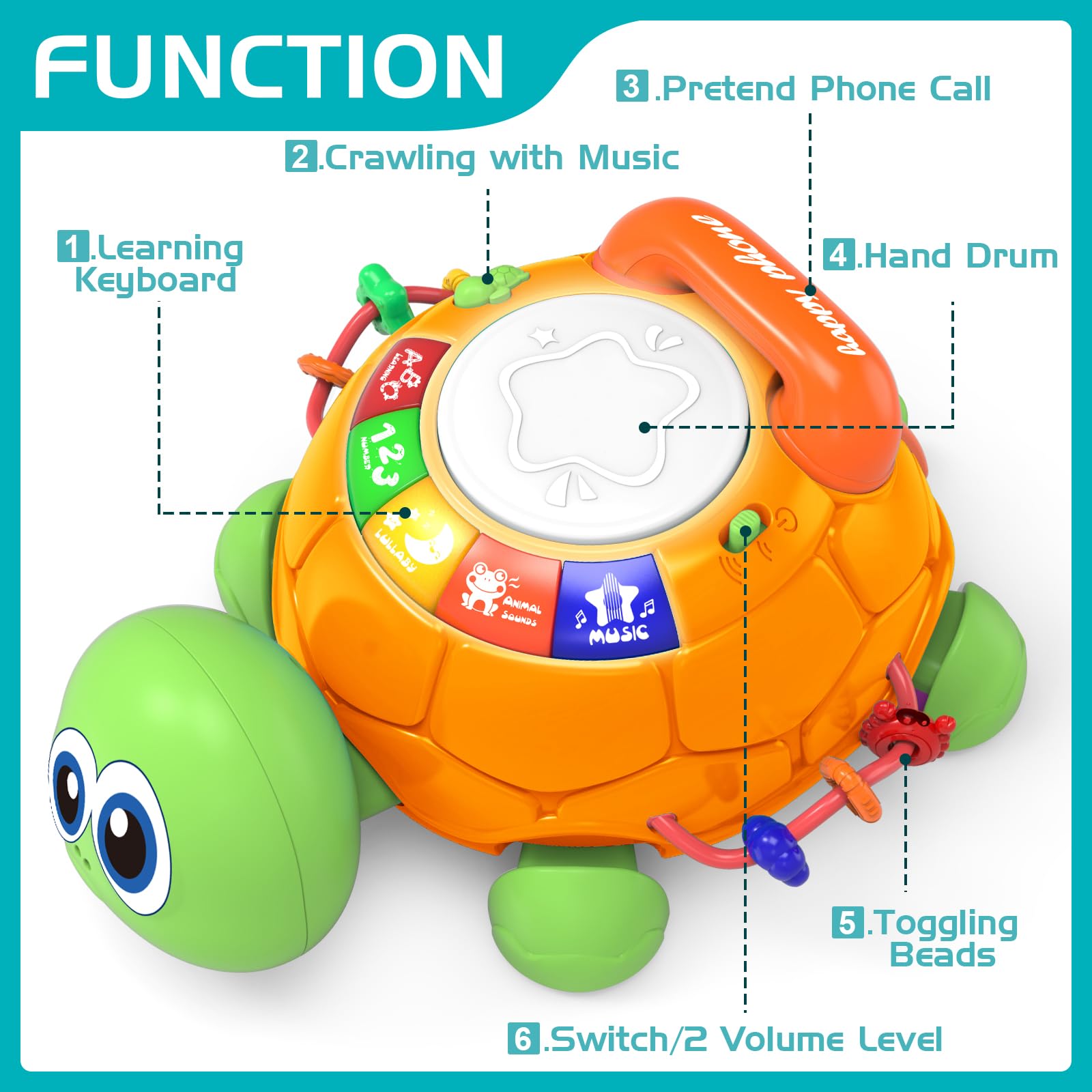 Jyusmile turtle toy crawling action invites baby to move and chase.