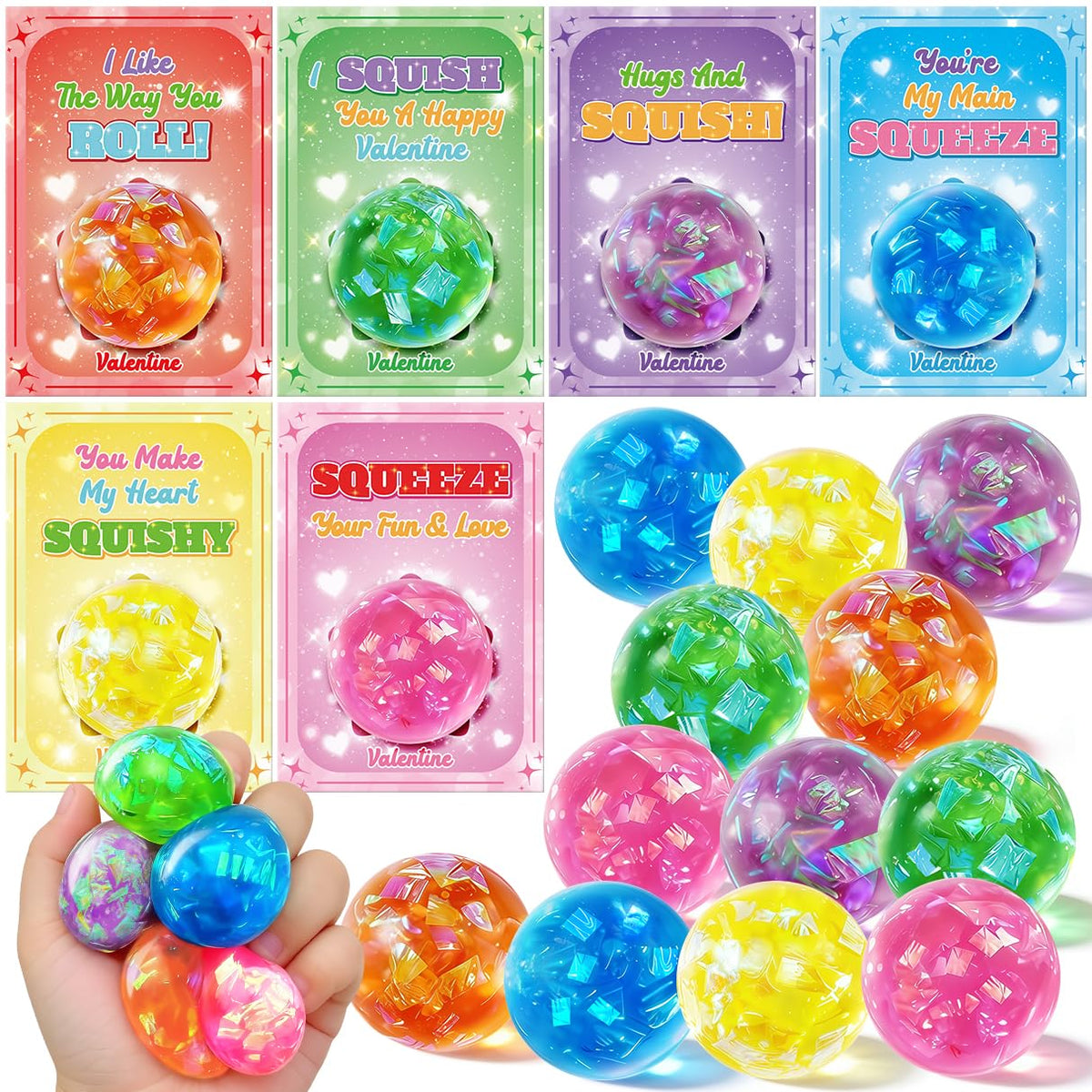 Jyusmile valentines glitter stress balls for kids in a classroom setting.