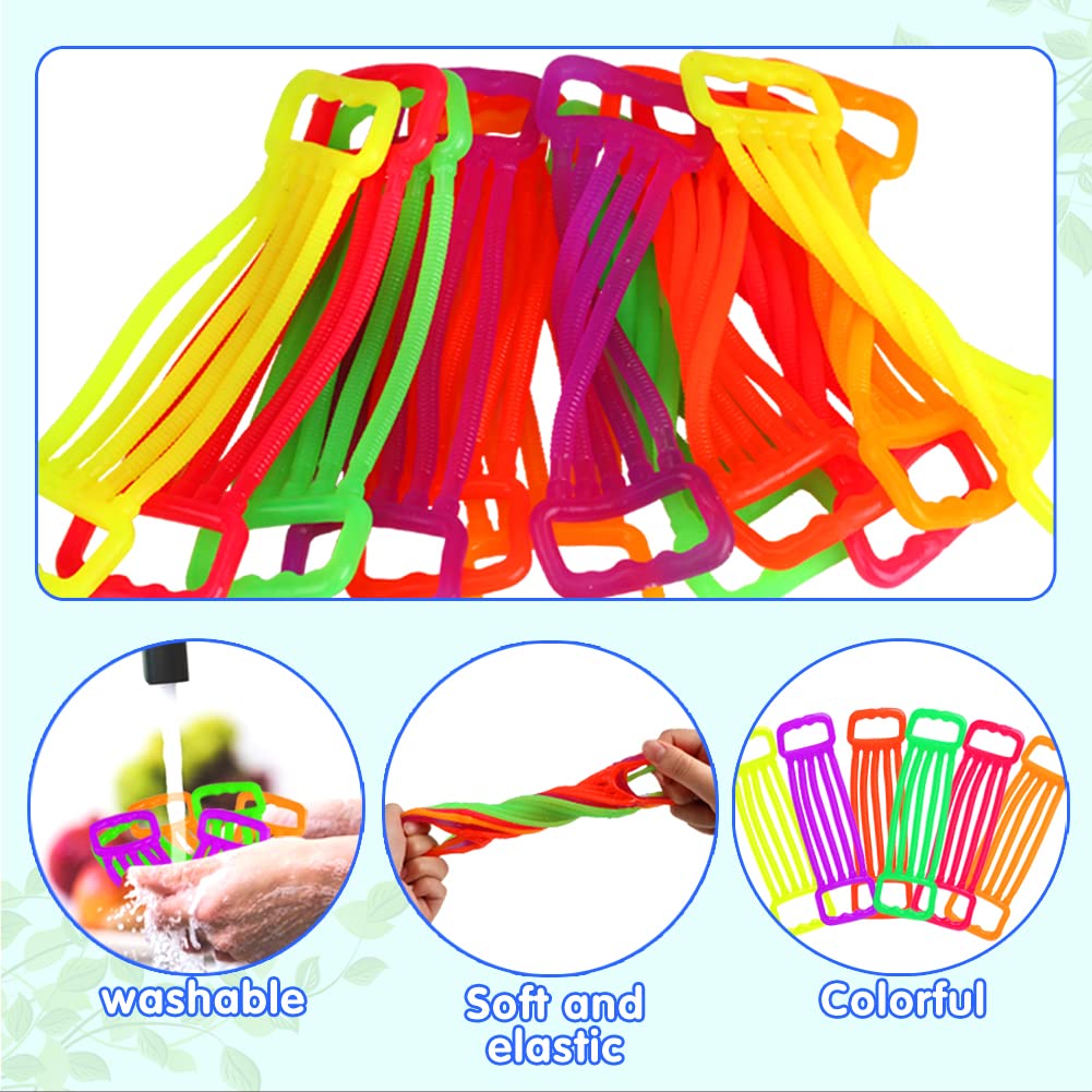 JYXT stretchy strings in hand demo illustrate twisting loops for fine motor engagement.