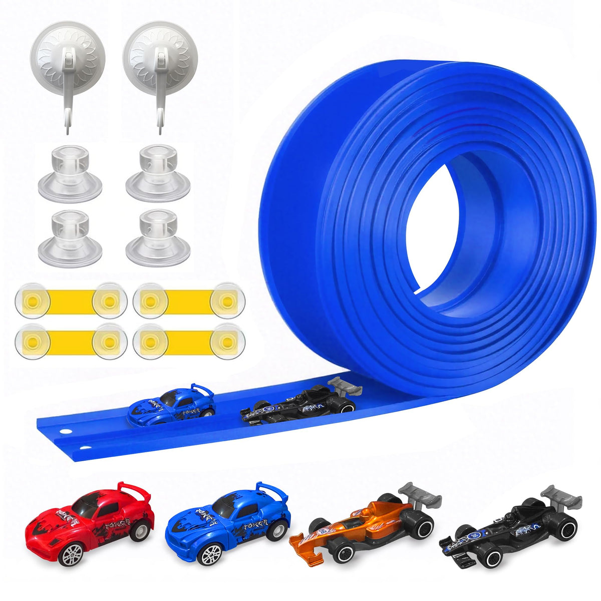 Jyyuehai flex-track 20ft blue ready for expansive car races indoors or outdoors.