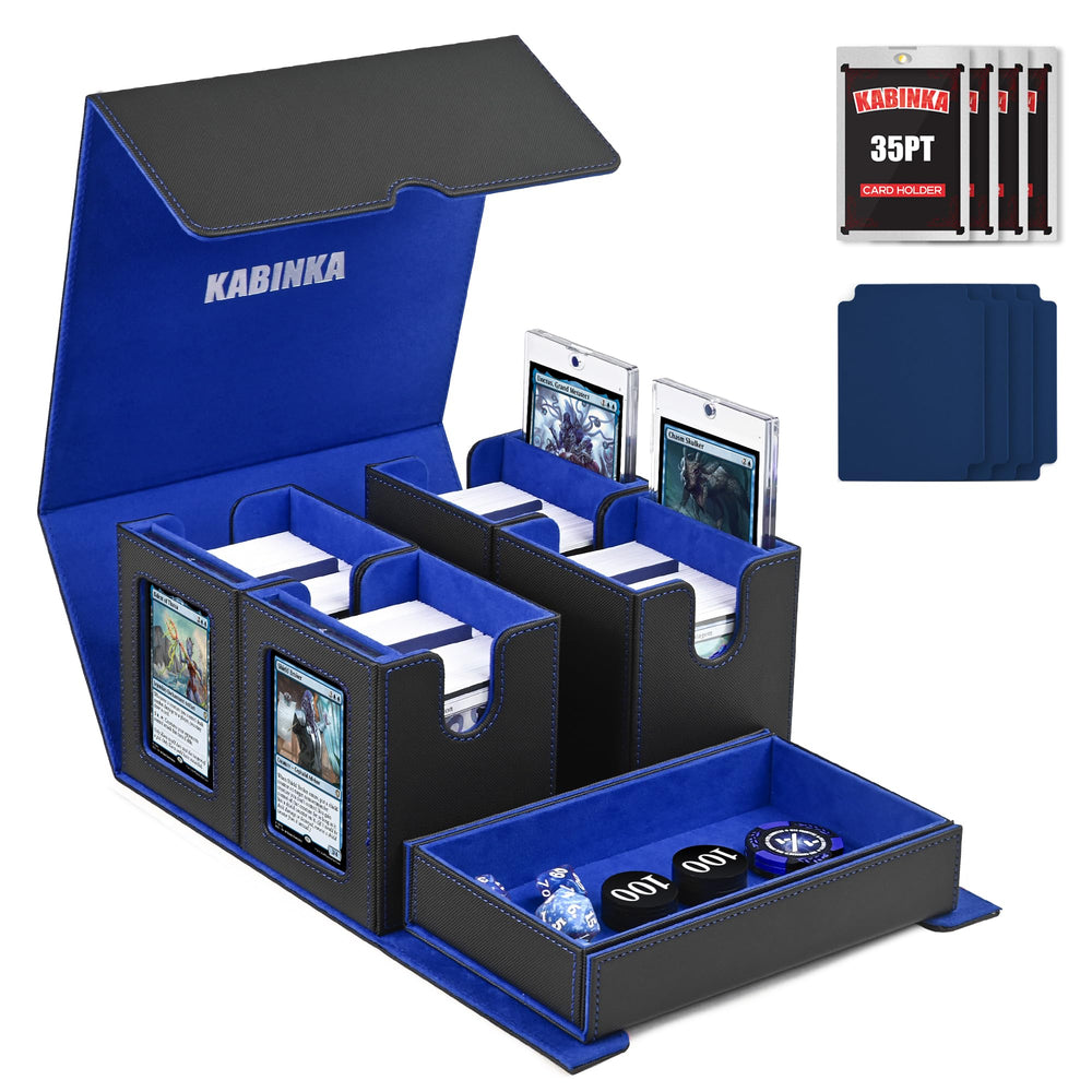 Kabinka 5-in-1 commander deck box displays cards through windows while protecting them.