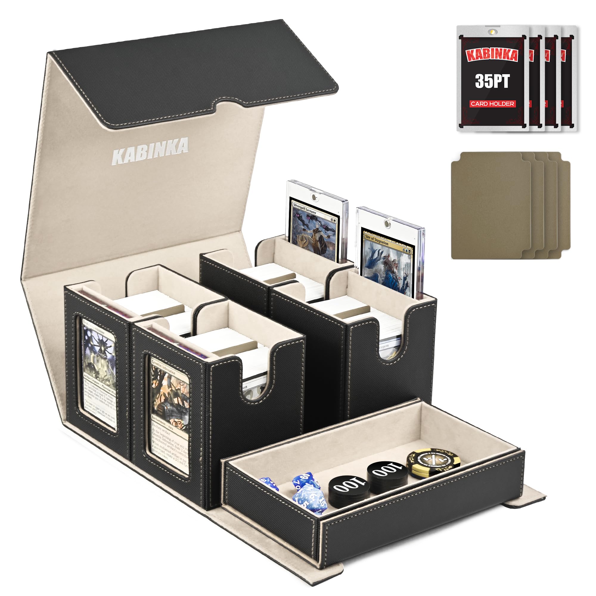Kabinka 5-in-1 deck box with commander display showing four windows and prized cards.