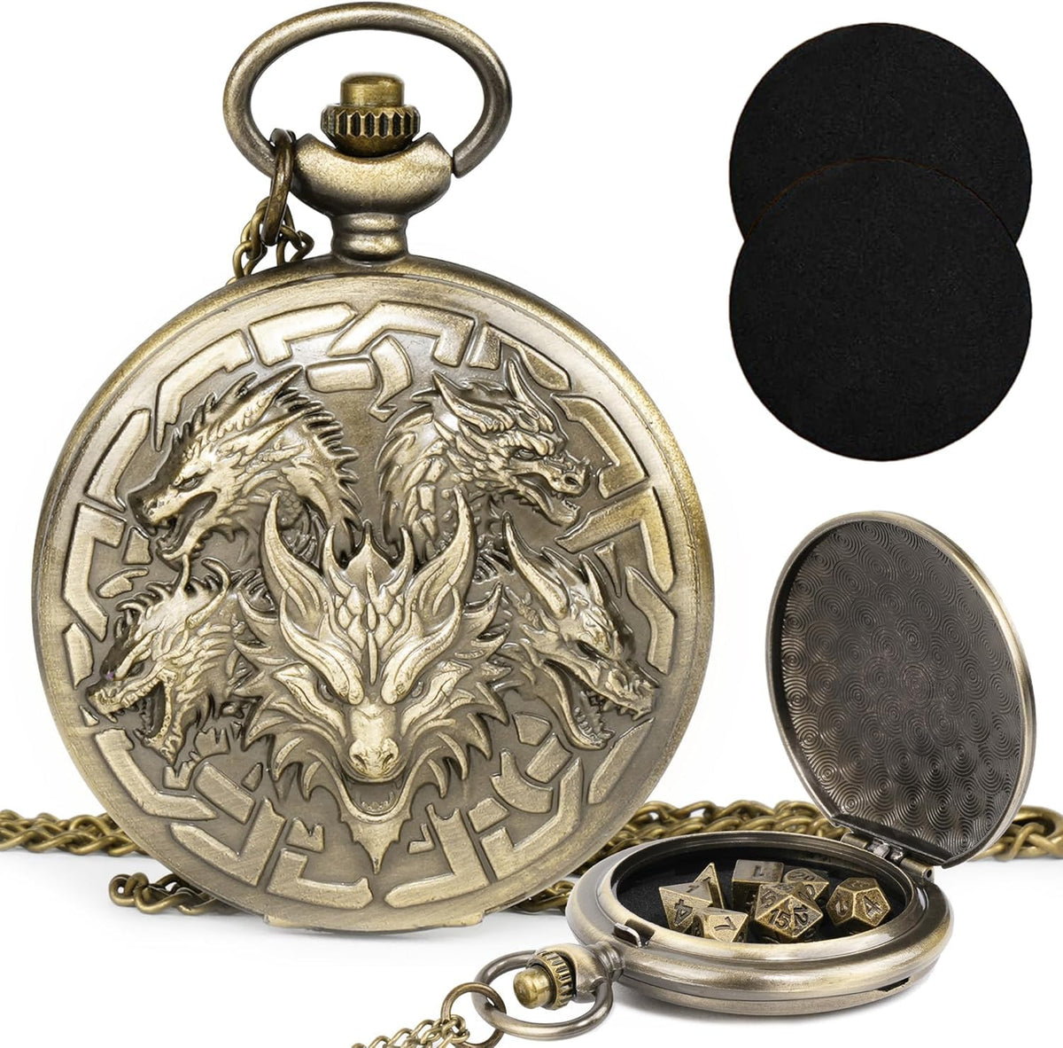 Kabinka pocket-watch dice shell with seven mini dice for portable RPG sessions.