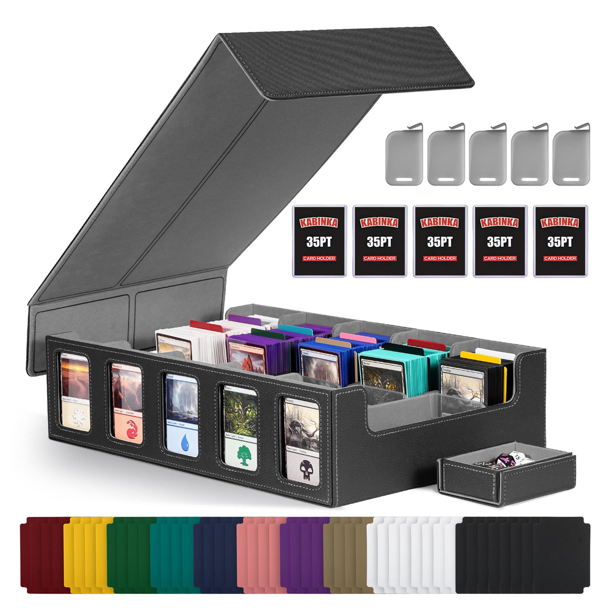Kabinka trading card storage box front view showing large 5-row capacity for MTG cards