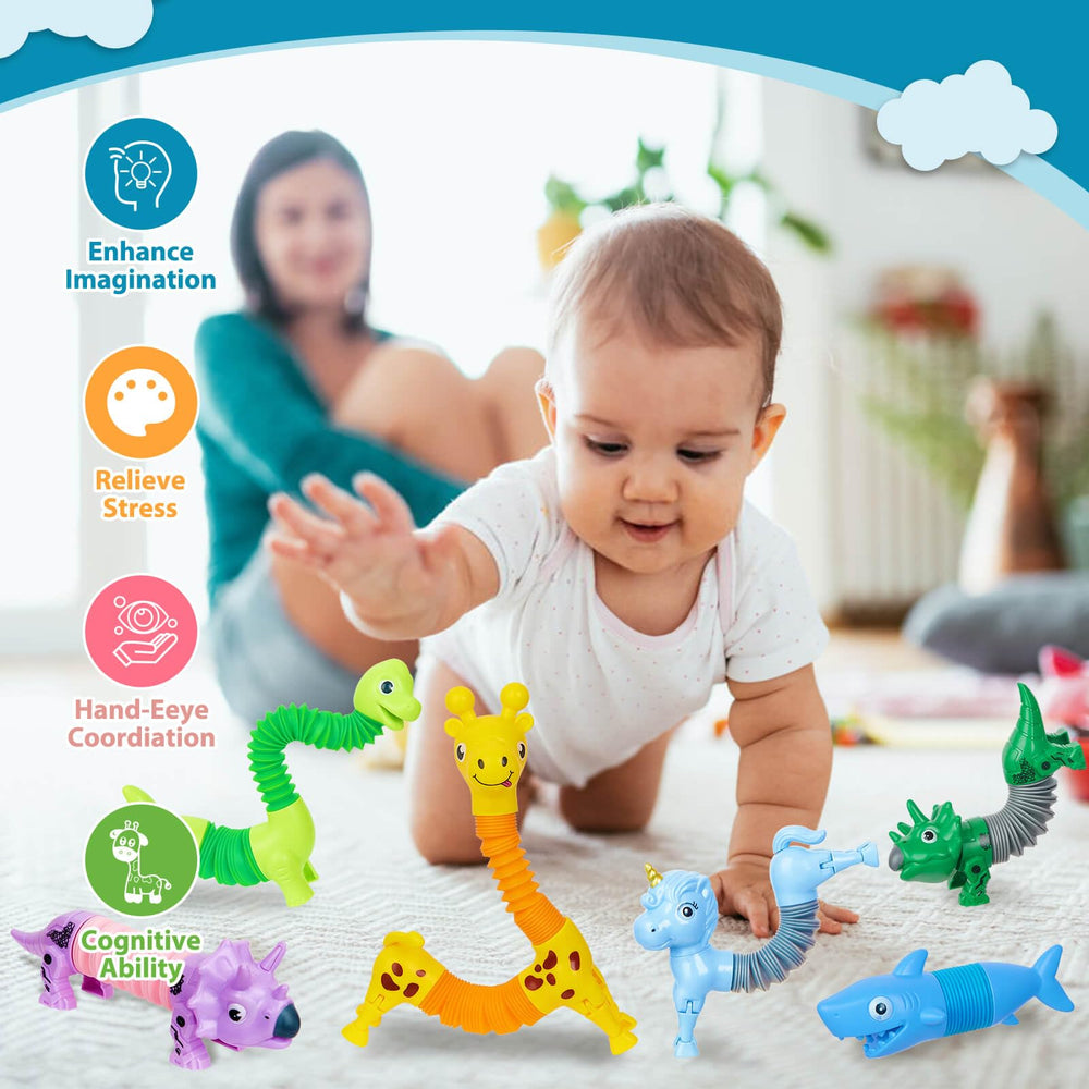 Kabvry Animal Pop Tubes dinosaurs with long necks ideal for fidgety hands and focus.