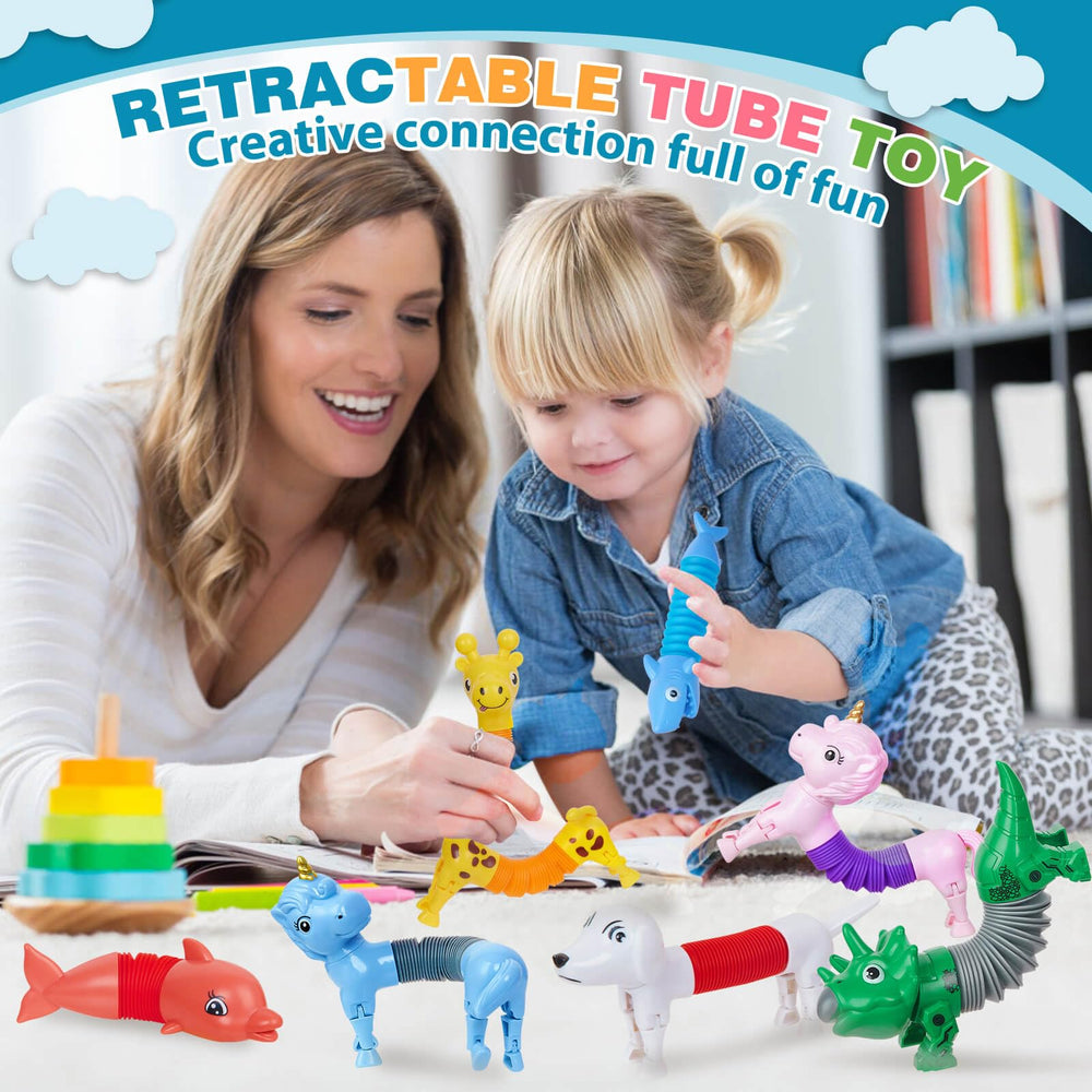Kabvry Animal Pop Tubes giraffes for sensory exploration and creative shape-building.