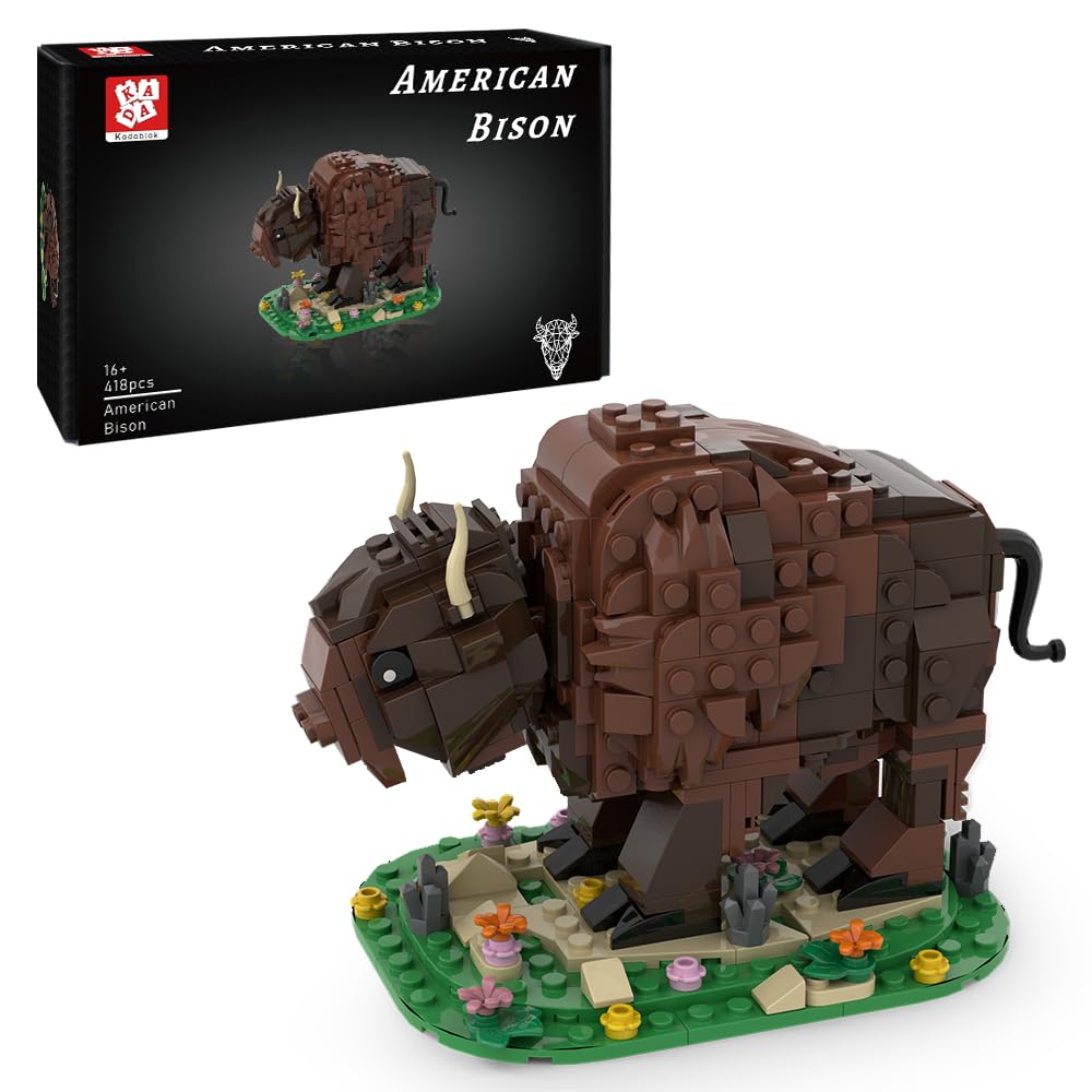 Kadablok Bison MOC resting on a flower base for Yellowstone realism.