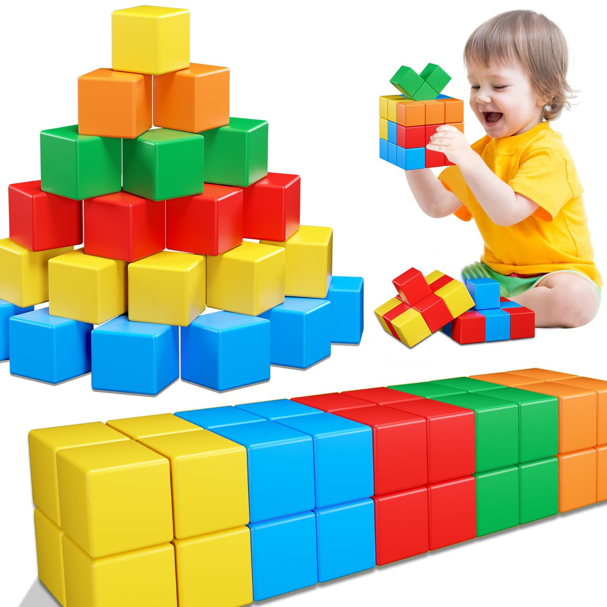 KAEILORU magnetic blocks for toddlers close-up of 1.42-inch tiles showing secure magnets for STEM play.