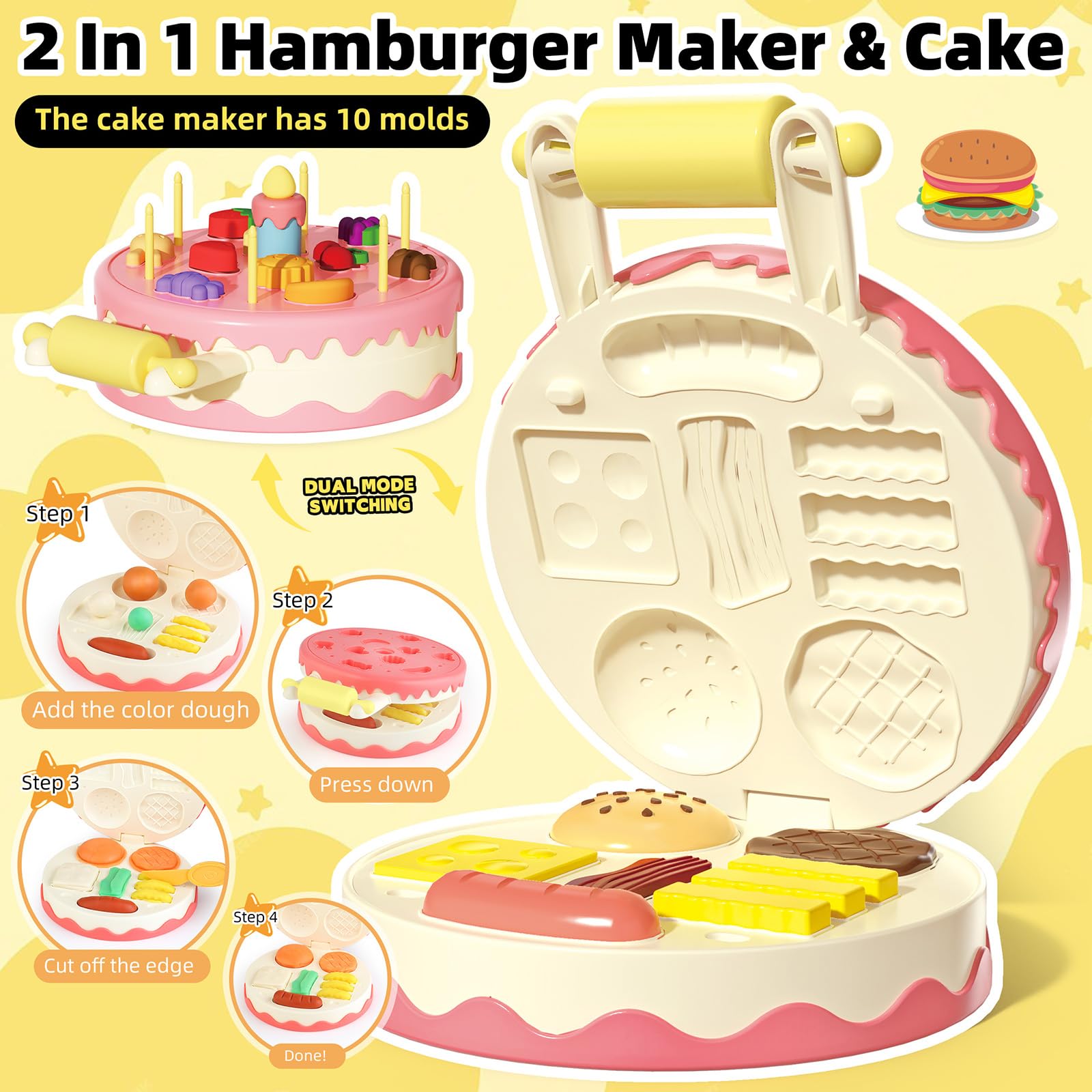 Kaelinda 77 Pcs Playdough Hamburger Center creates pretend meals for kids' menus.