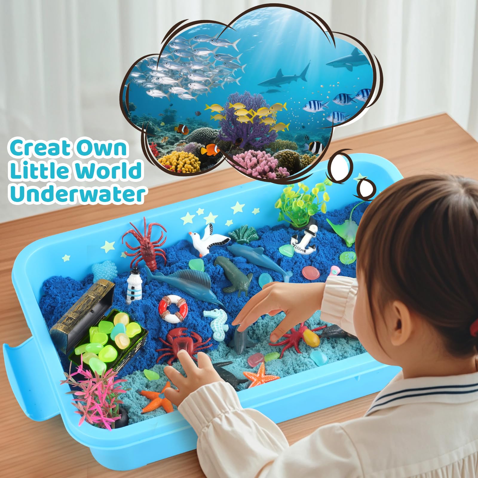 Kaelinda Ocean Sensory Bin glow stickers illuminate nighttime play for magical underwater scenes