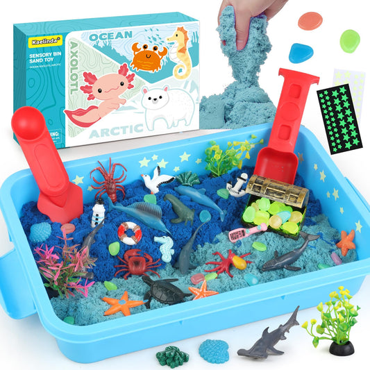 Kaelinda Ocean Sensory Bin unboxing: colorful sand and 12 sea animals spark creative play