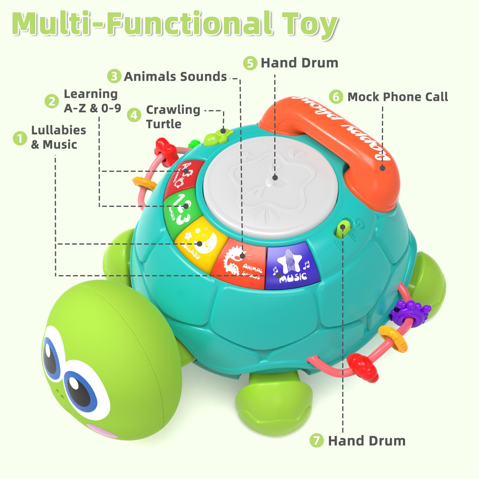 KaeoHye turtle toy allows pretend phone dialing and friendly greetings play.
