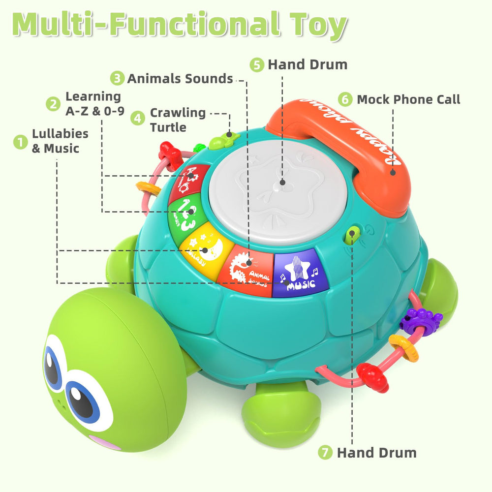 KaeoHye turtle toy allows pretend phone dialing and friendly greetings play.