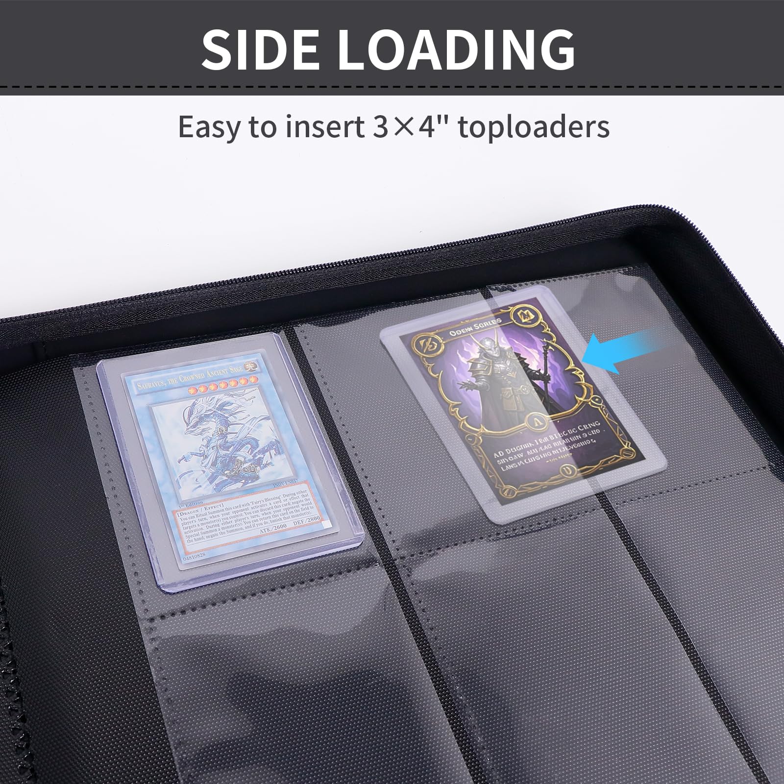 KAGSWAMO top-loader binder zipper detail, prevents card spillage and secure transport.