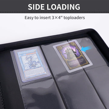 KAGSWAMO top-loader binder zipper detail, prevents card spillage and secure transport.