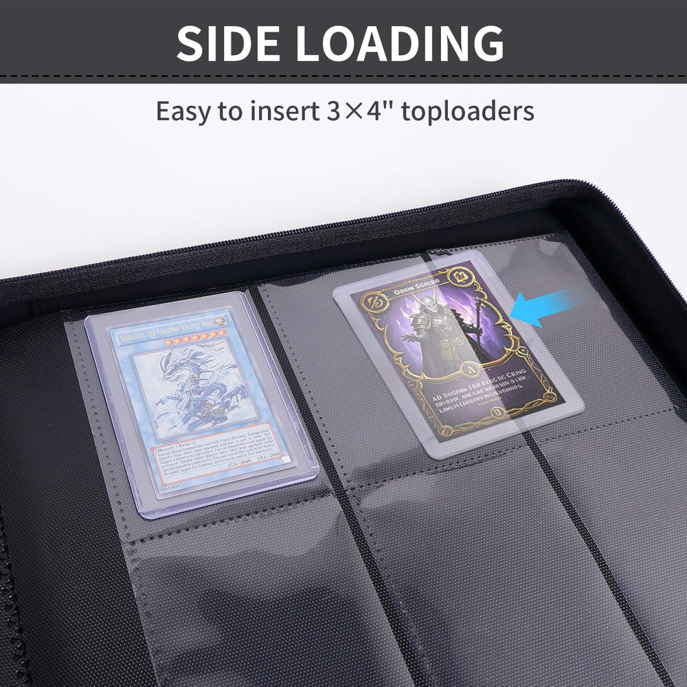 KAGSWAMO top-loader binder zipper detail, prevents card spillage and secure transport.