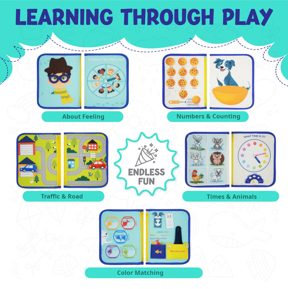 KAHOUETT Montessori Busy Board sensory pages offer tactile exploration and fine motor practice