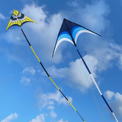 Kaiciuss delta kite tail 30m blue trailing behind during flight