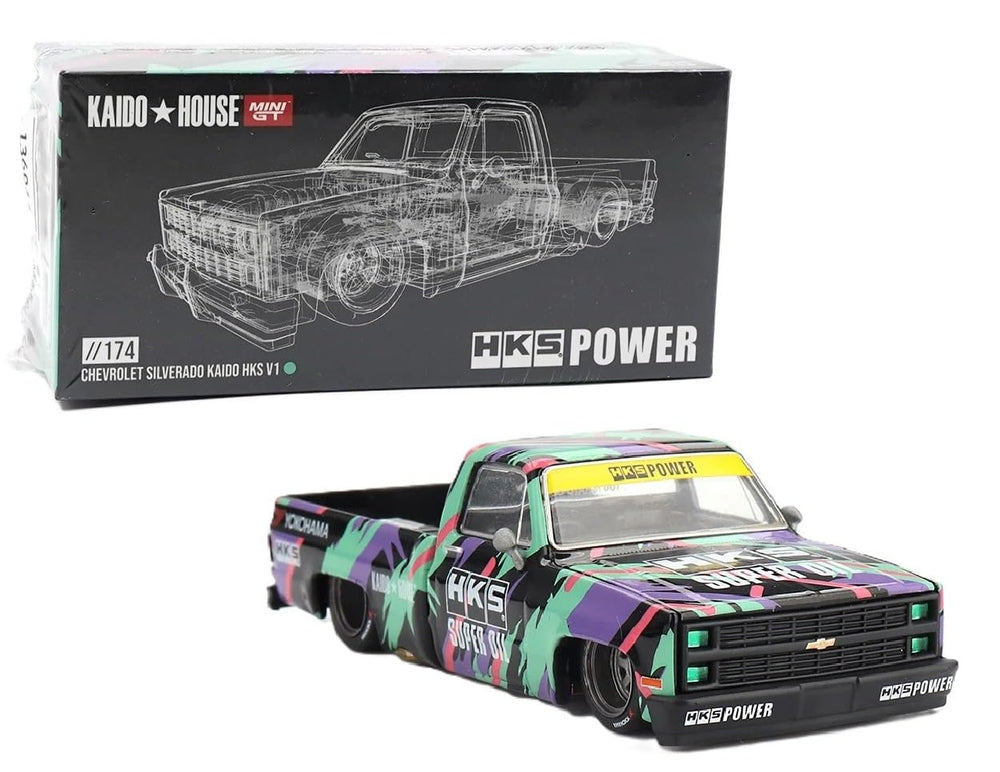 Kaido House x Mini GT KHMG174 diecast Chevy Silverado box view, premium packaging protects the collectible.
