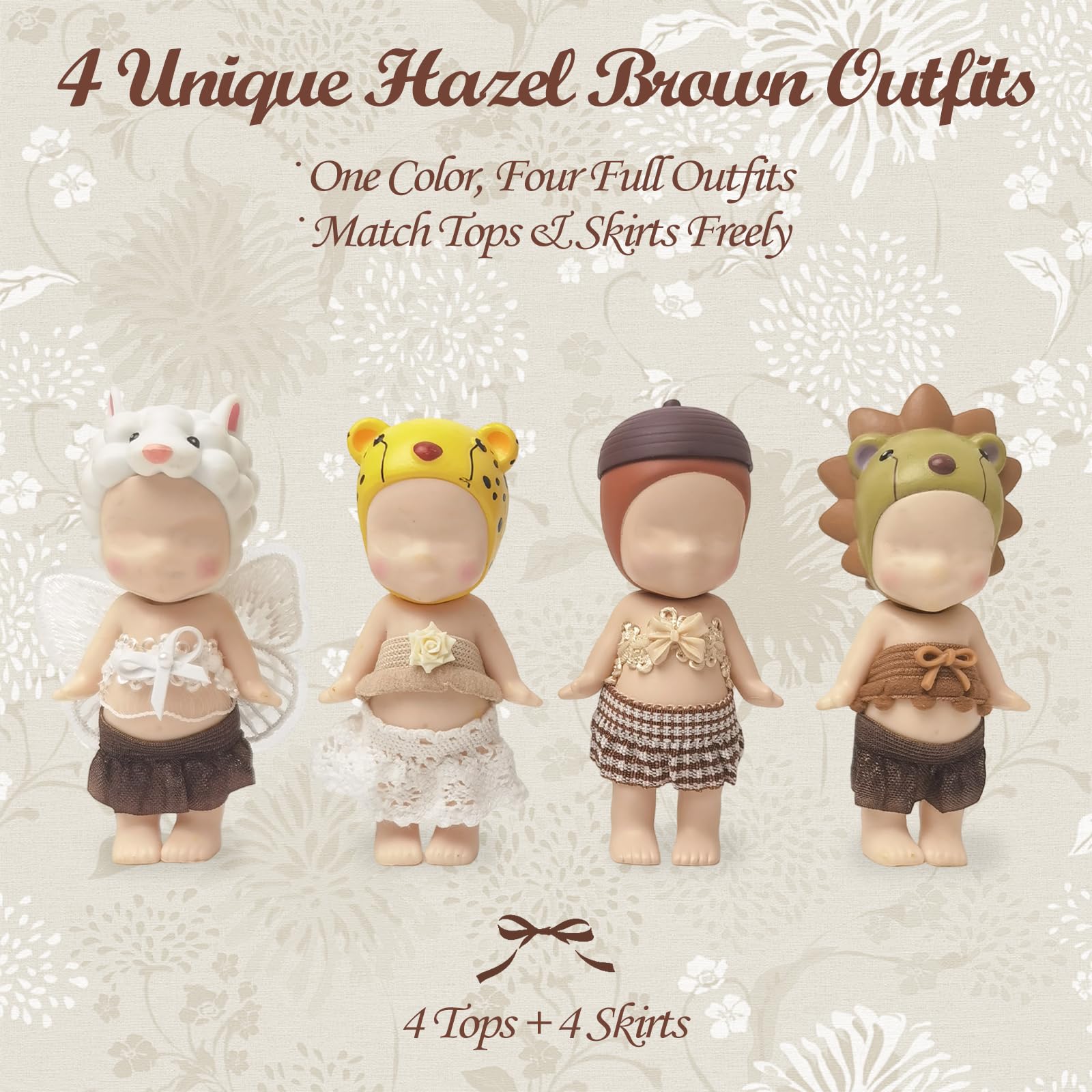 Kaitiaki Creamy Latte Charm tops detail on 3-inch dolls, easy styling and quick dress changes.