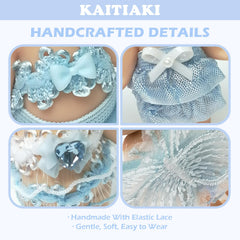 Kaitiaki handcrafted details in fairy-blue lace elevate doll displays.