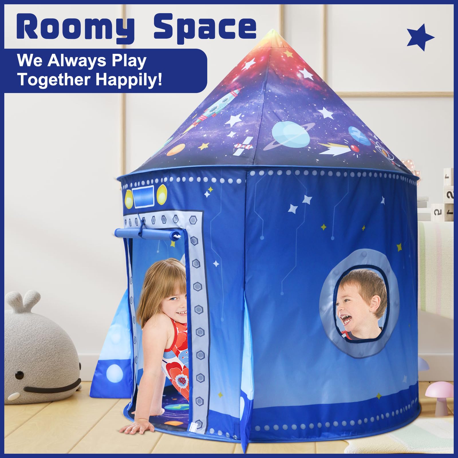 Kaivee Rocket Ship Space Pop Up Tent folded compact for easy storage.