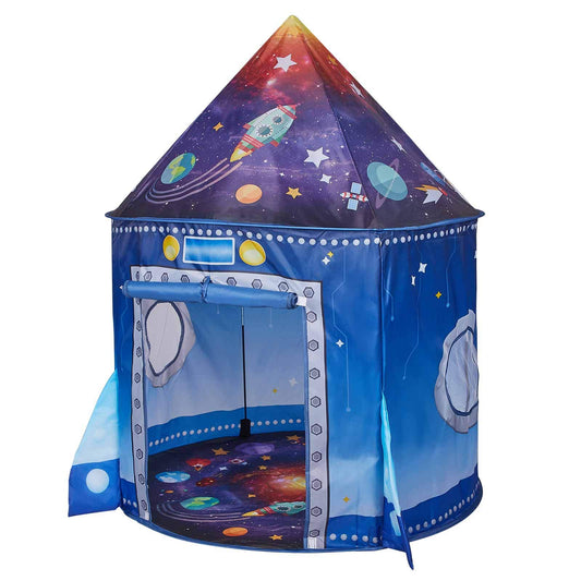 Kaivee Rocket Ship Space Pop Up Tent front view, ideal for imaginative playtime.