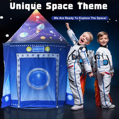 Kaivee Rocket Ship Space Pop Up Tent open inside for group play sessions.